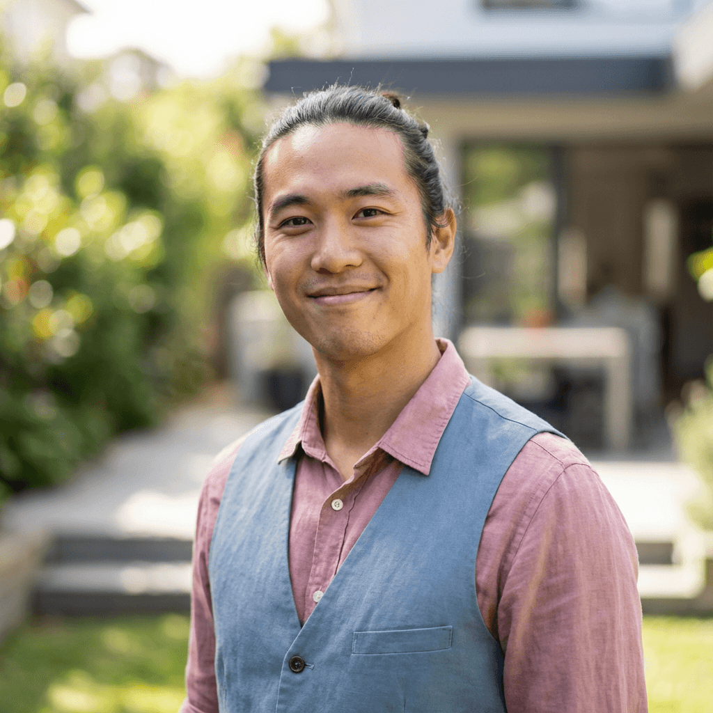 Male office manager in his 30s, East Asian, professional appearance