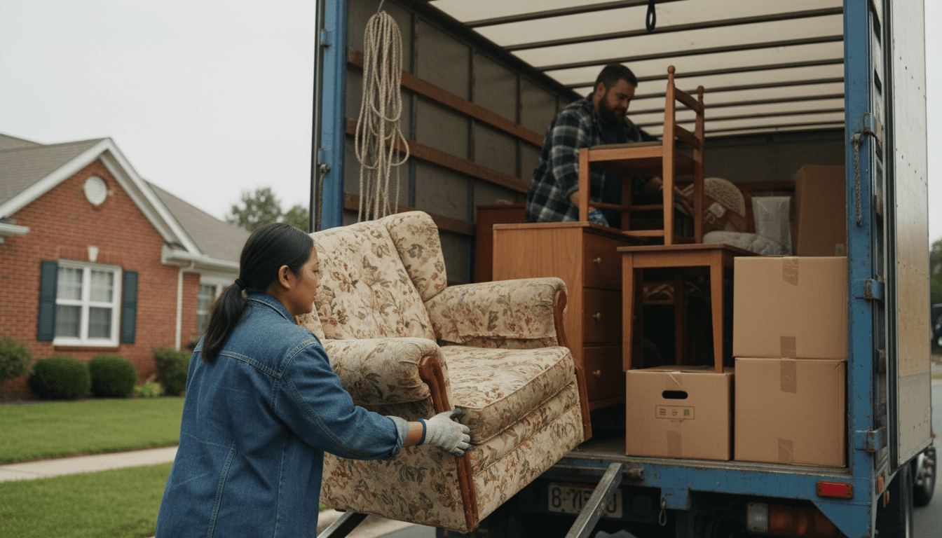 Junk removal worker loading items into a truck in a residential driveway