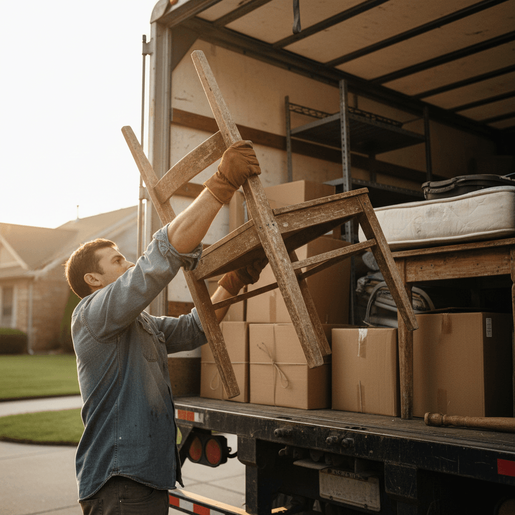 Worker loading items into a hauling truck in a residential yard