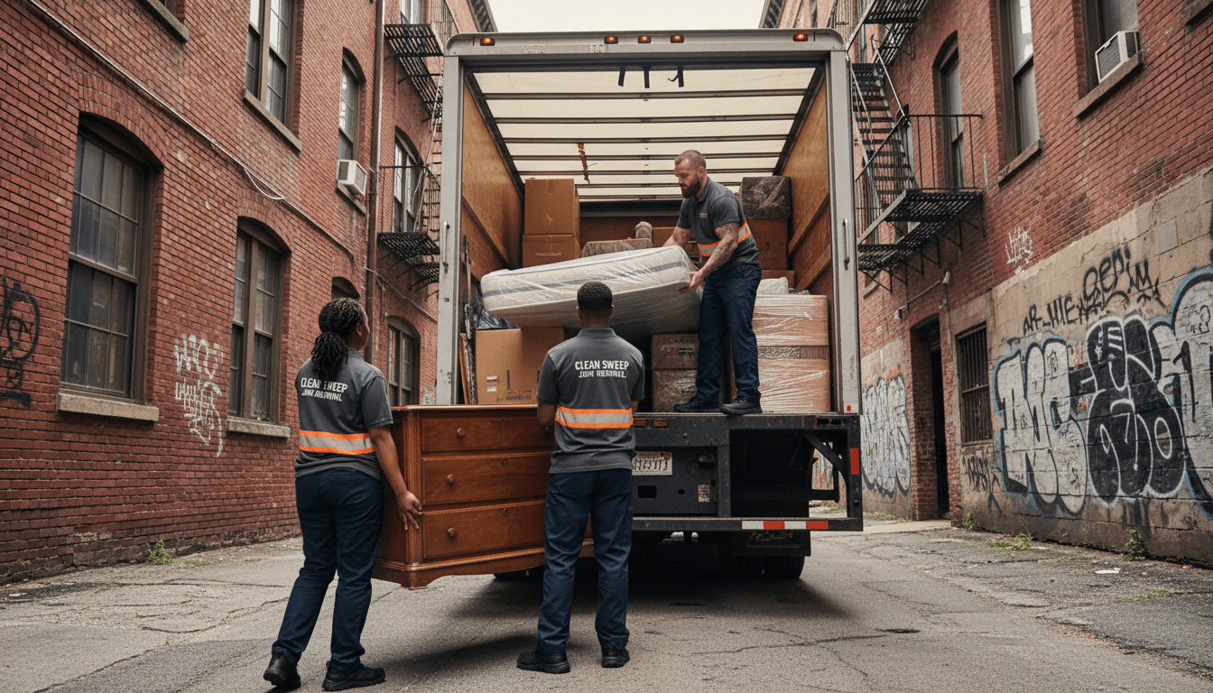 Junk removal team loading furniture into a truck